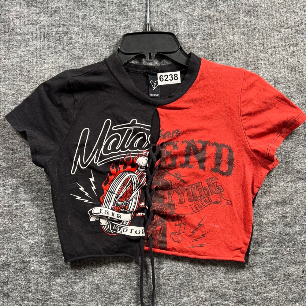 Windsor Red Black Split Graphic Lace Up Motorcycle Crop Top Small